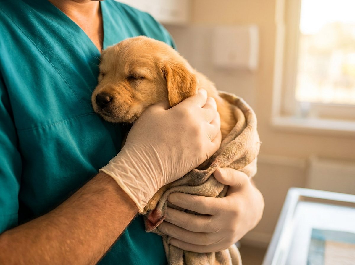 A veterinarian gently holding a sleepy puppy