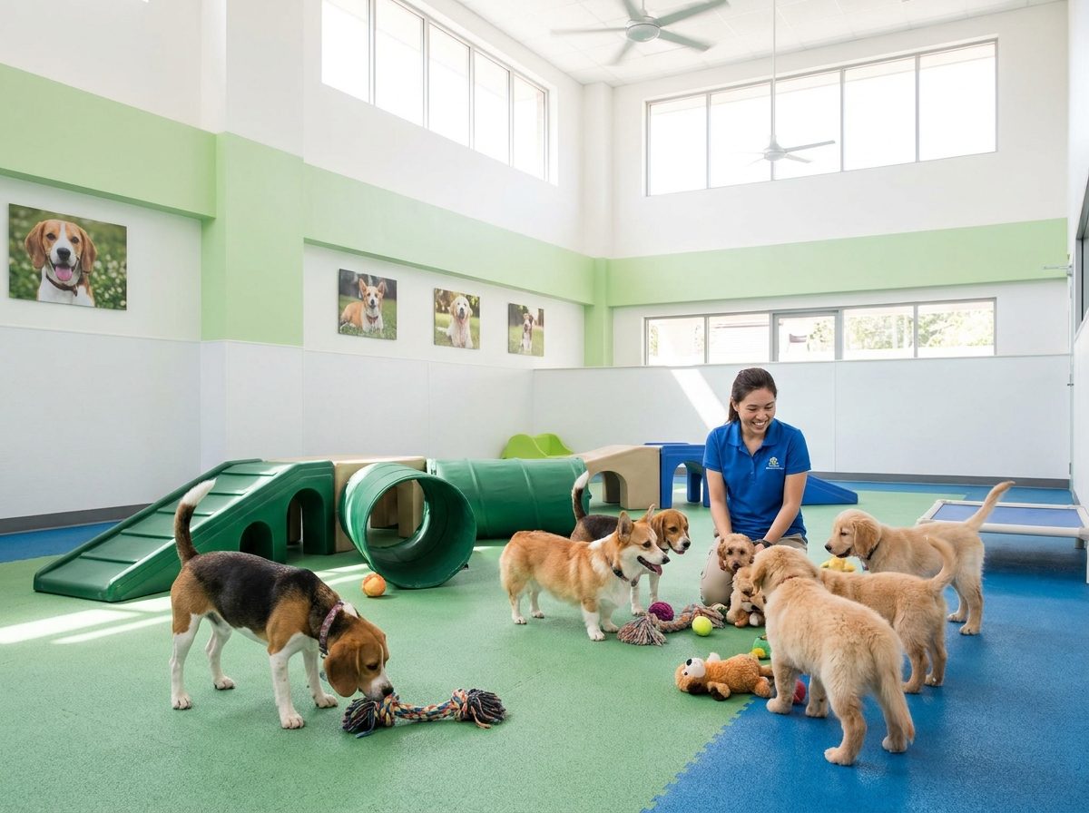 Dogs socialising in the supervised indoor play area at Al Quoz