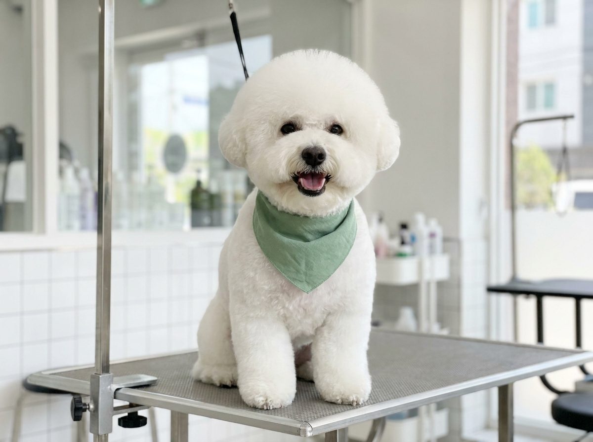 A freshly groomed bichon frise with a soft green bandana