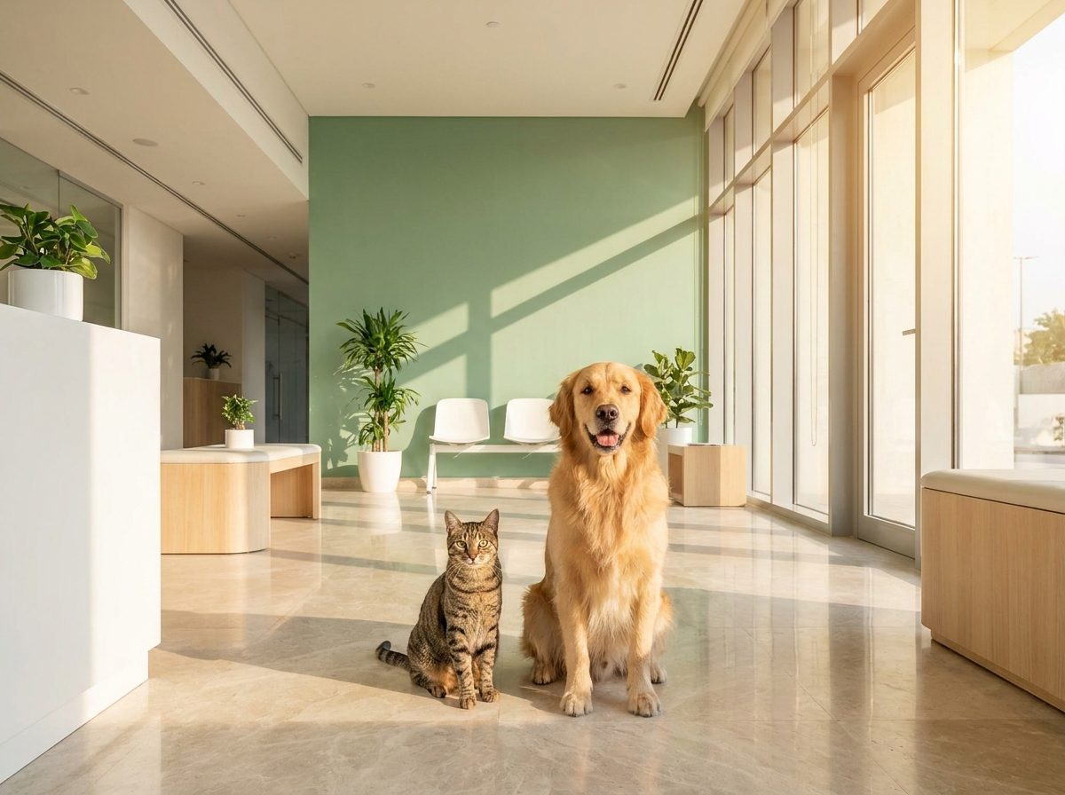 A happy dog and cat together in a bright modern pet care reception in Dubai