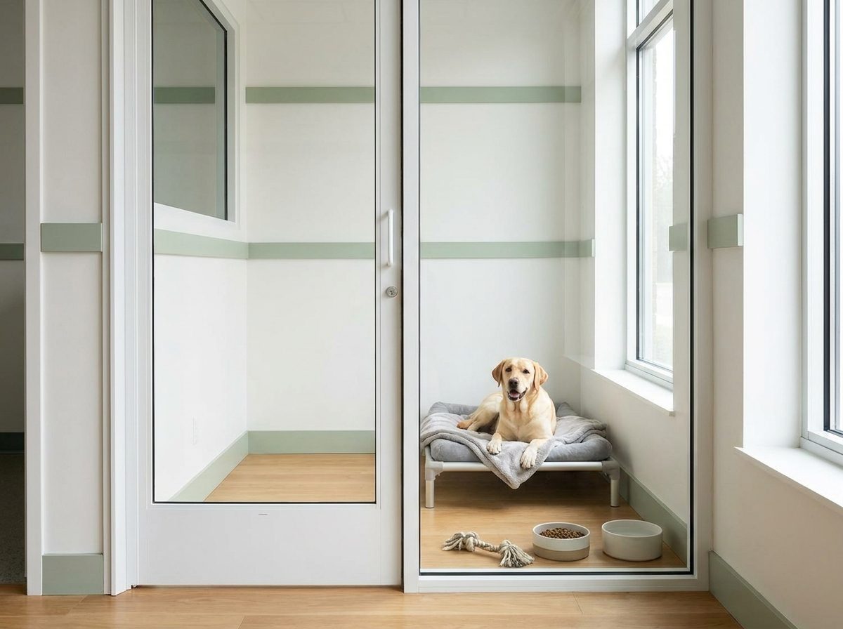 A relaxed labrador in a clean modern boarding suite