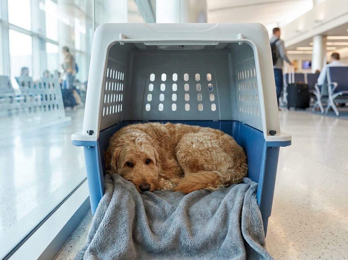 A calm dog resting safely in an airline-approved travel crate